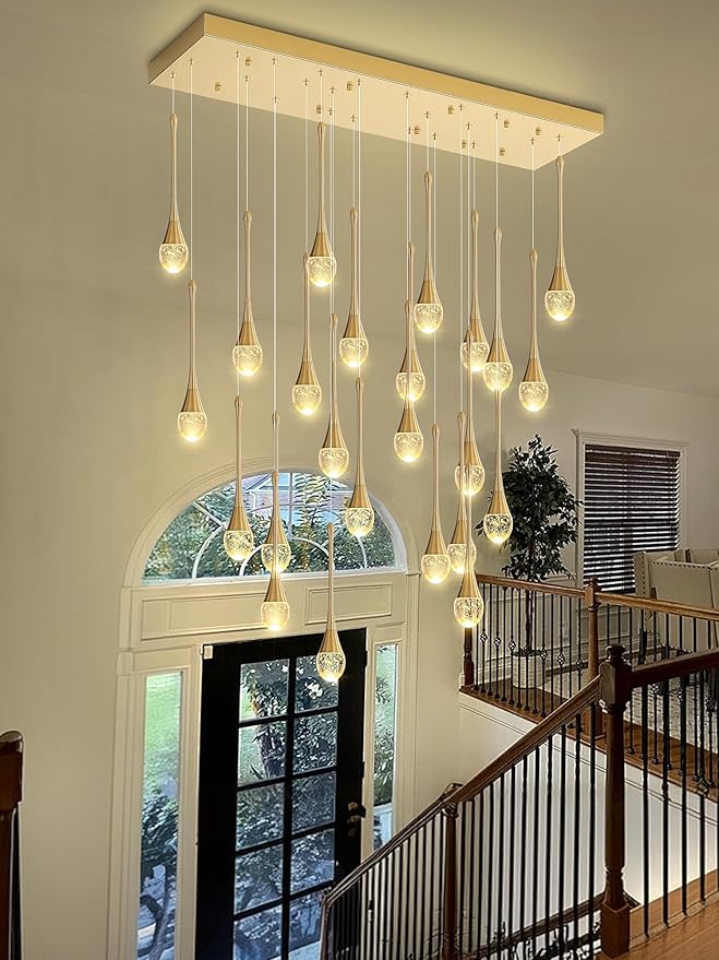 ykolupty 24-Lights Rectangular Chandelier Crystal Raindrop Chandeliers Flush Mount Ceiling Light for Dining Room Living Room High Ceiling Chandelier for Staircase Foyer Entryway Gold Chandeliers