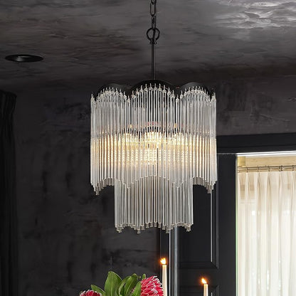 12.52" Black Clear Glass Crystal Pendant Light 5-Light Modern Crystal Pendant Ceiling Light Fixture 2-Tier Luxury Glass Chandeliers,for Dining Room Kitchen Island Living Room Bedroom