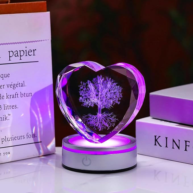 Qianwei Tree of Life Gifts for Women 3D Crystal Heart - Laser Tree of Life Decor Glass Animals Gifts Figurines Statue Stuff for Room Decorations Night Light
