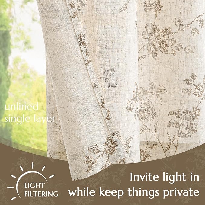 jinchan Floral Kitchen Curtains 36 Inch Linen Tier Curtains Farmhouse Cafe Half Window Drapes Over Sink Light Filtering for Living Room Laundry RV Rod Pocket 2 Panels Taupe on Beige