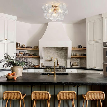 GoYeel Semi Flush Chandelier Gold, Modern Light Fixtures Ceiling Mount Lighting Pendant 3 Light Dining Chandeliers Over Table Glass 18.5" 13 Clear Swirled Globe for Foyer Bedroom Kitchen