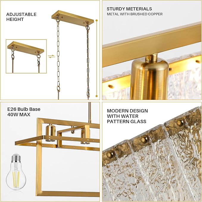 42" Gold Crystal Modern Chandelier for Dining Room, Chandeliers with Water Ripple Glass, Adjustable Chain Length,Luxury Rectangular Pendant Light Fixture for Kitchen Island Living Room