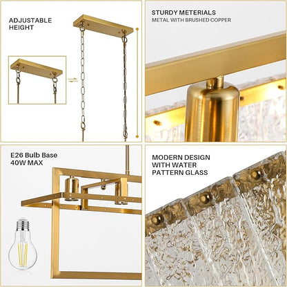 42" Gold Crystal Modern Chandelier for Dining Room, Chandeliers with Water Ripple Glass, Adjustable Chain Length,Luxury Rectangular Pendant Light Fixture for Kitchen Island Living Room