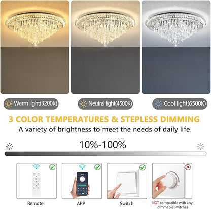 Modern LED Crystal Chandelier for Living Room Dimmable Large Ceiling Light Fixture Round Raindrop Chandeliers for Dining Room Entryway Bedroom Foyer Black