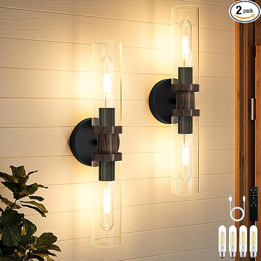 10000mAh Battery Operated Wall Sconce Set of 2, Black & Walnut Rechargeable Wall Sconces, Modern Cordless Wall Lights with Remote Control, Dimmable for Living Room, Bedroom, Hallway, Entryway 3000K