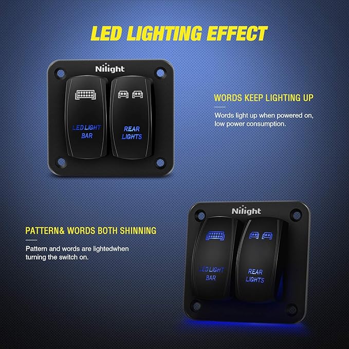 Nilight 90104B 2Gang Aluminum Laser Rear LED Light Bar Rocker 12/24V 5Pin ON/Off Pre-Wired Toggle Switch Panel for Marine Boat Car ATV UTV,2 Years Warranty Blue