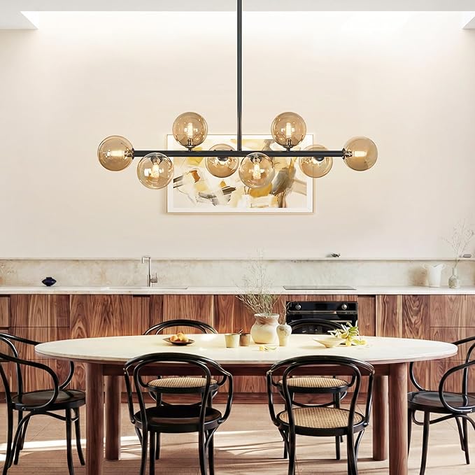 Linear Chandeliers for Dining Room, 8-Light Black Sputnik Chandeliers Modern Chandelier Linear Dining Room Light Fixture Mid Century Ameber Glass Globe Chandelier for Kitchen Island Living Room 37inch