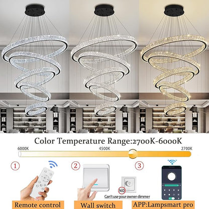 Modern 5 Ring Chandeliers for High Ceiling Foyer,Luxury Dimmable Crystal Ceiling Light Fixtures Staircase Entrance Villa Large Black Chandelier D8''+15.7"+23.6"+31.5"+39.4"