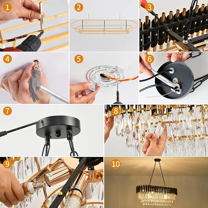 Modern Crystal Chandeliers for Dining Room 8-Light Black and Gold Chandelier Living Room Oval Contemporary Ceiling Hanging Light Pendant Light Fixture for Kitchen Island Bar L32 inch