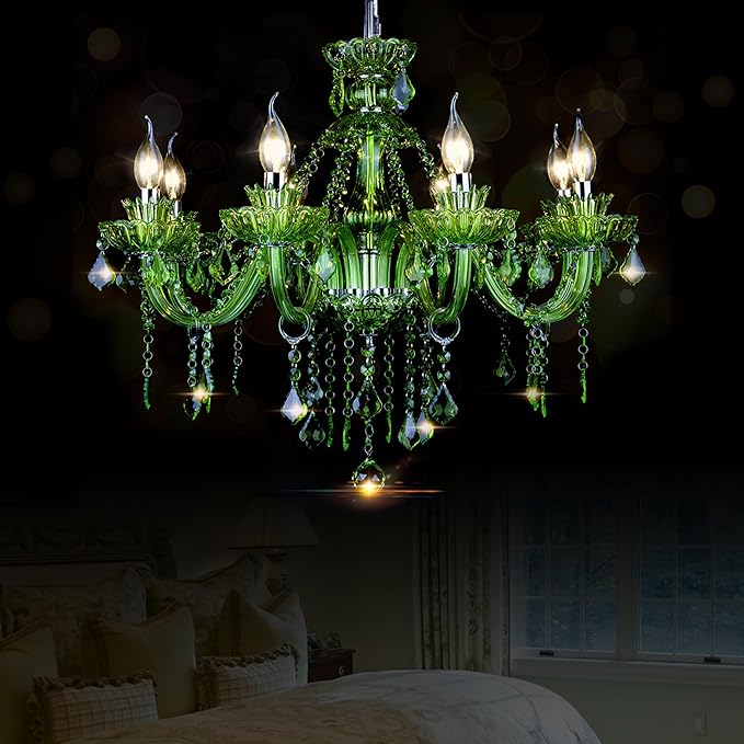 Bagood 8 Lights Green K9 Crystal Candle Chandeliers Lighting Modern Pendant Lights Candle Chandelier Lighting for Dining Living Room Bedroom Entry Elegant Decoration E12 Base, H22.8 x W27.2 Inch