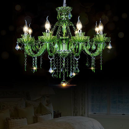 Bagood 8 Lights Green K9 Crystal Candle Chandeliers Lighting Modern Pendant Lights Candle Chandelier Lighting for Dining Living Room Bedroom Entry Elegant Decoration E12 Base, H22.8 x W27.2 Inch