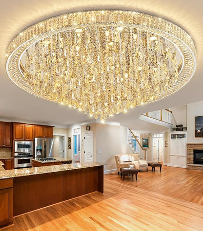 53.7" Modern Chandeliers LED Dimmable Crystal Flush Mount Ceiling Chandeliers for Living Room High Ceiling Entrance Foyer Lobby Bedroom Silver