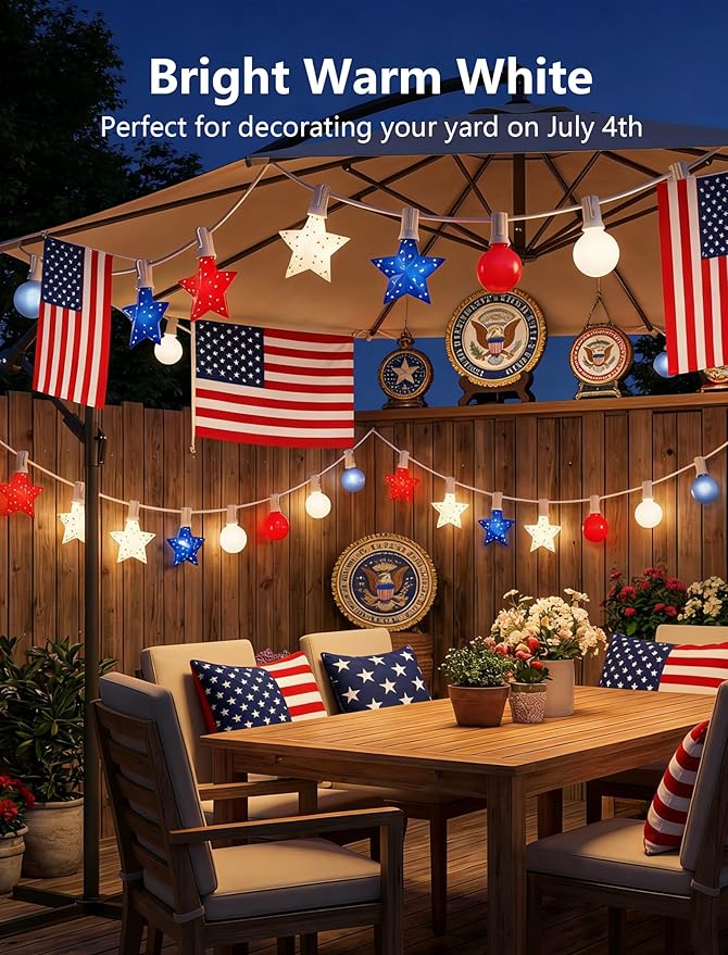 25FT Patriotic String Lights Outdoor, 25 LED Red White and Blue Star & G40 Globe String Lights, End-to-End Connectable for 4th of July Independence Day Decorations, Patriotic Anniversary, White Wire