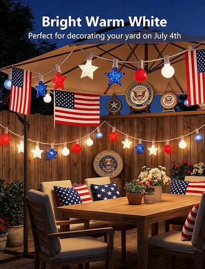 25FT Patriotic String Lights Outdoor, 25 LED Red White and Blue Star & G40 Globe String Lights, End-to-End Connectable for 4th of July Independence Day Decorations, Patriotic Anniversary, White Wire