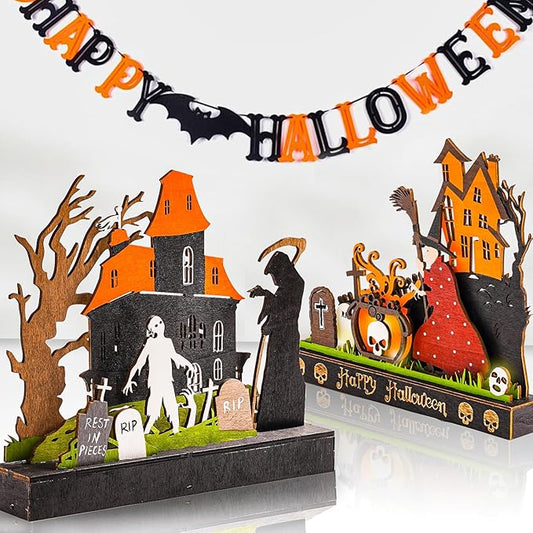 2 Pieces Wooden Halloween Table Decorations Indoor, Festival Decoration Night Light, Witch Tombstone Castle Halloween Decor for Desk Table Fireplace Room Living Room Kitchen Office Bar
