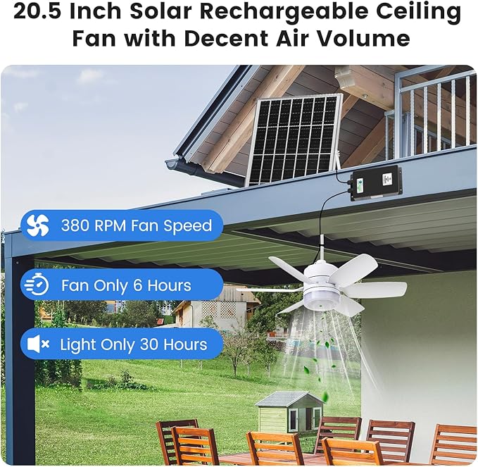 Fanspex 20.5'' Solar Rechargeable Ceiling Fan Light with Battery Backup, 25W Solar Powered Hanging Fans for Outdoor Gazebo, Chicken Coop, Greenhouse, Shed, Pet House