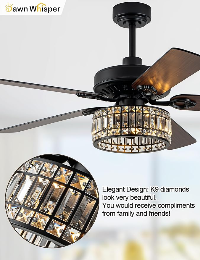 Dawn Whisper 52 Inch Black Chandelier Ceiling Fans Quiet and Reversible DC Motor Modern Ceiling Fans with Lights for Bedroom Living Room