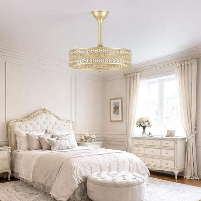Fandelier Ceiling Fan with Light,Gold Crystal French Glam Drum Chandelier Fan, Decorative Elegant Caged Bladeless Hanging Pendant Light Fixture for Girls Room, Bedroom, Dining Room, Kitchen Island