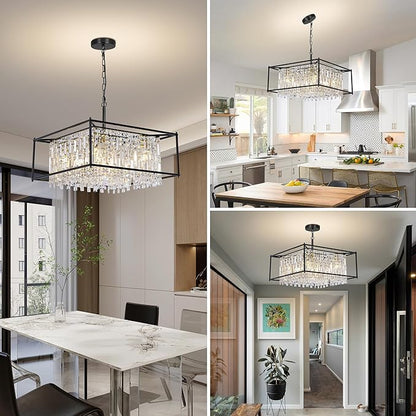 Miuyhji Black Chandeliers for Dining Room, Black Square Lndustrial Chandelier Crystal Pendant Light for Kitchen Island Dining Room Living Room Flat and Inclined Ceiling,L24 x W24 x H17.5