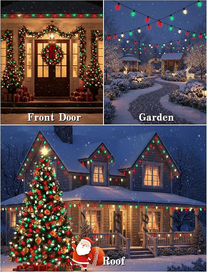 Red Green White LED Christmas Lights,25FT Waterproof C9 Multicolor Christmas Lights Outdoor with 26 Shatterproof Bulbs,Commercial Hanging Xmas Light for Roof Patio Balcony Party Xmas Decor
