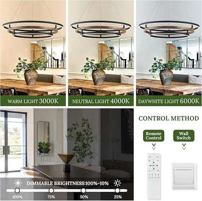 3 Ring LED Chandelier Walnut Wood Black Chandelier Light Fixture 31in Dimmable Modern Entry Chandeliers Wood-Printed Circular Light for Foyer Dining Room Bedroom Office Living Room
