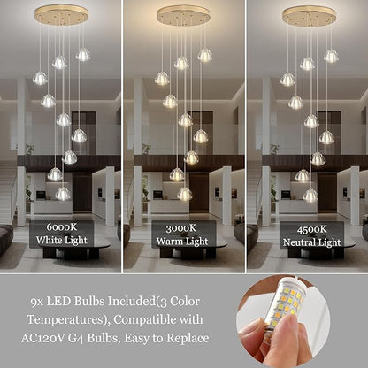 Modern Crystal Chandelier 9-Lights High Ceiling Raindrop Chandelier, Gold LED Round Indoor Lighting Fixture for Foyer Staircase Living Room