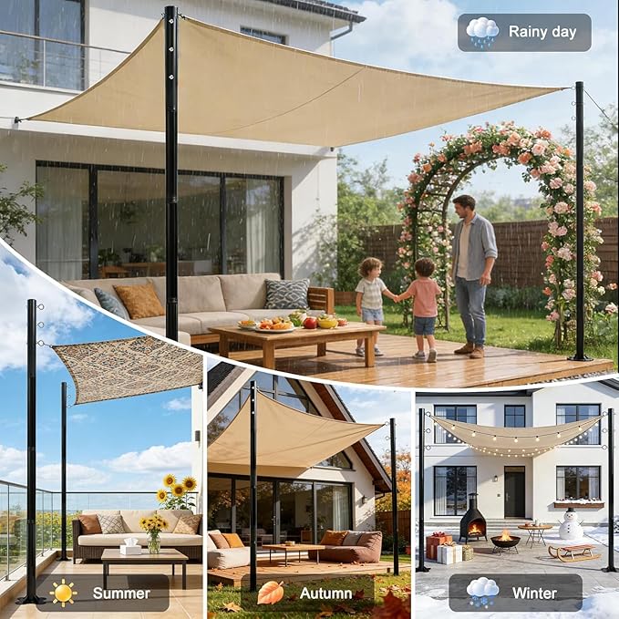 2 Pack 11 Ft Shade Sail Poles, Heavy Duty Metal Outdoor Support Post Kit, Rust-Resistant Shade Sail Support Poles, Adjustable Metal Sun Shade Poles for Patios, Courtyards, Backyards and Gardens