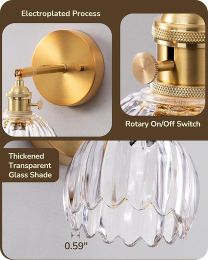 EDISHINE Hardwired Vintage Wall Sconces Set of Two, Brass Gold Wall Lamp with Transparent Tulip Glass Lampshade 180° Adjustable, Modern Wall Lighting Fixtures with Switch for Bathroom Bedroom Hallway
