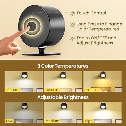 Wall Mounted Lamp LED Wall Lights with Rechargeable Battery Operated, 3 Color Temperatures & 3 Brightness Levels 360°Rotate Magnetic Ball, Cordless Sconces for Reading Bedroom Bedside,Black-2 Pack