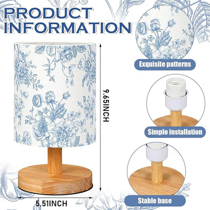 VIHOSE Blue Floral Kids Table Lamp for Bedroom Kids Bedside Lamp with Linen Wooden Nightstand Cartoon Nursery Lampshade for Girls Boys Living Room