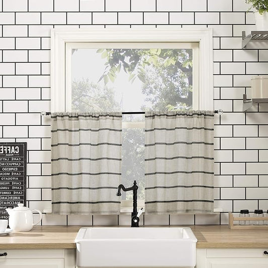 Clean Window Twill Stripe Anti-Dust Allergy/Pet Friendly Anti-Dust Sheer Cafe Curtain, 52" x 24, Black/Linen