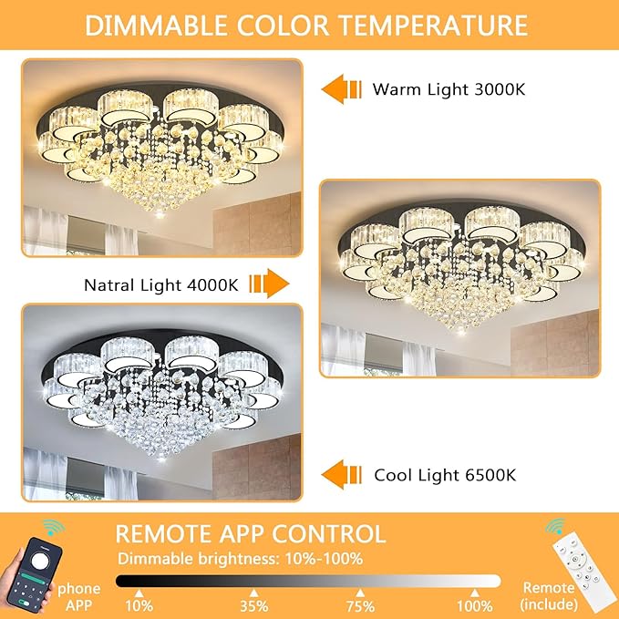 40" Black Modern Crystal Chandeliers for Dining Room LED Dimmable Light Fixtures Flush Mount Light Living Room Bedrooms