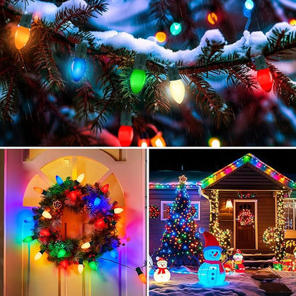 C7 LED Multicolor Christmas Lights Outdoor, 25Ft Vintage Christmas Lights String With 27 LED Ceramic Bulbs (2 Spare Bulbs), Hanging Light for Indoor Outdoor Xmas Tree Home Yard Party Decor, Green Wire
