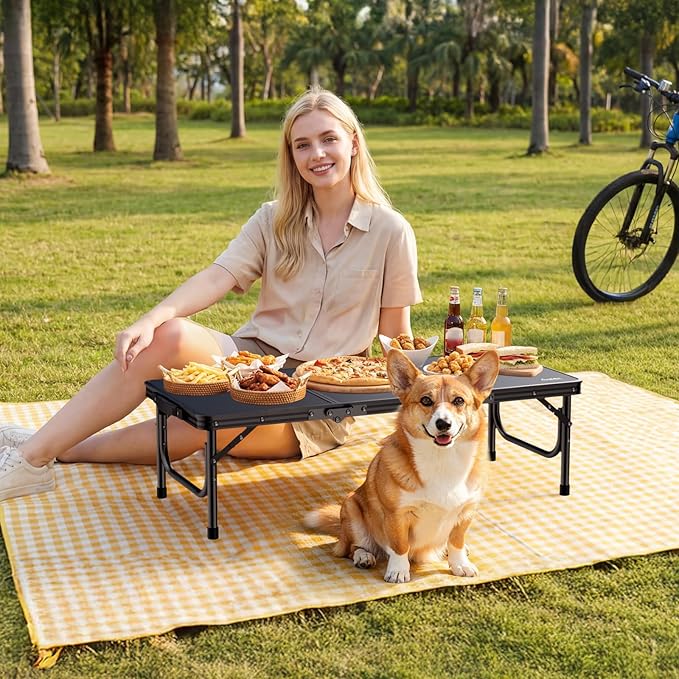 Anbte 3ft Low Folding Picnic Table, 10.3" Height Thicker Aluminum Small Camping Table with Storage Bag, Portable Handle, Lightweight, for Camping Beach Party Picnic Floor, 34.2" x 15.7", Black