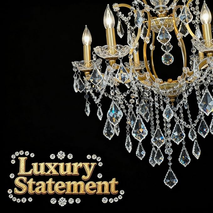 Polished Golden Bronze Chandelier, 10-Light Antique Gold Candle Pendant Ceiling Light Fixture with K9 Crystals for Dining and Living Room, Foyer, Kitchen Island, Hallway