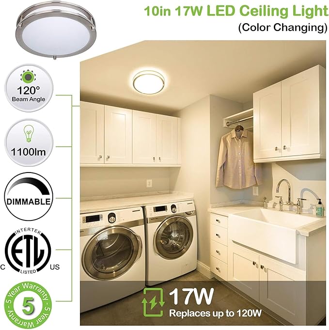 hykolity 10 inch Flush Mount LED Ceiling Light Fixture, 17W 1100lm, 2700K/3000K/3500K/4000K/5000K Adjustable Ceiling Lights, Brushed Nickel Saturn Dimmable Lighting for Hallway Bathroom or Kitchen