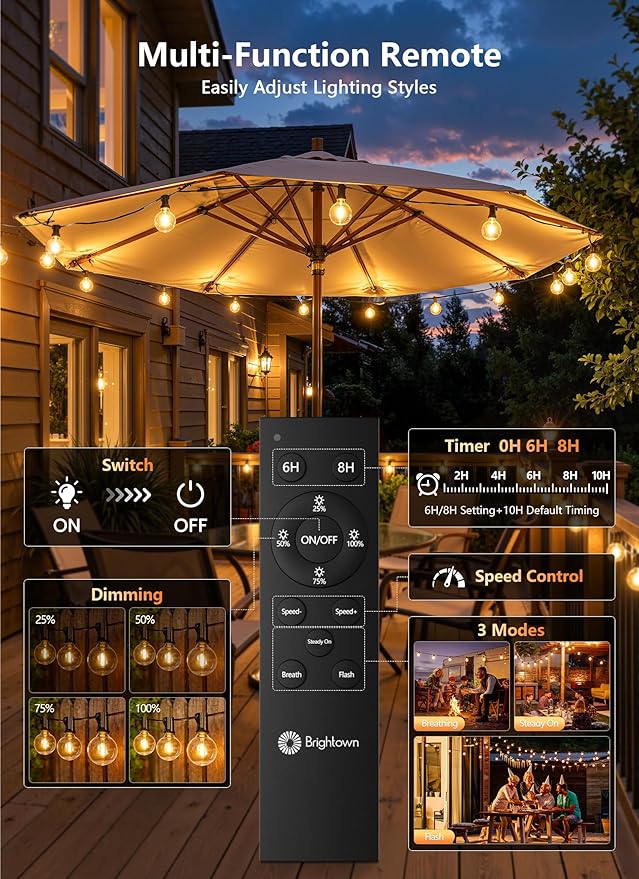 Brightown 37Ft Outdoor String Lights with Remote, 11 G40 Shatterproof LED Bulbs, Waterproof Connectable Hanging Patio Lights for Porch, Backyard, Bistro, Deck, Balcony, Home Decor, 2700K Dimmable