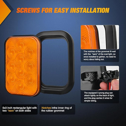 Nilight 5” X 3” Rectangular Trailer Tail Light 2 PCS Amber 10 LED Turn Signal Lights IP67 Waterproof w/Flush Mount Grommets Plugs for 12V Truck ATV UTV Bus RV Camper
