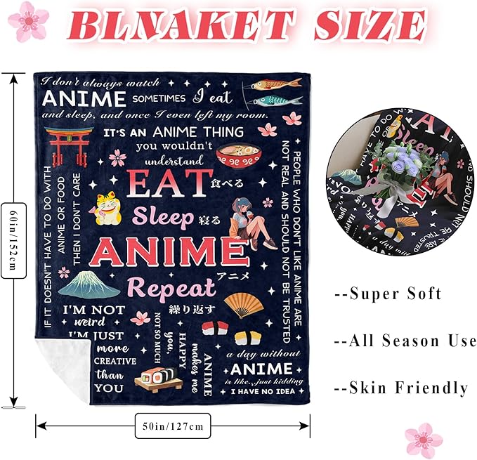 Anime Gifts for Men/Girls/Boys/Women/Him/Her, Kawaii Anime Blanket 60"X50", Unique Christmas/Valentines Day/Graduation Birthday Gifts for Animes Lovers/Fans, Animes Room Decor/Stuff