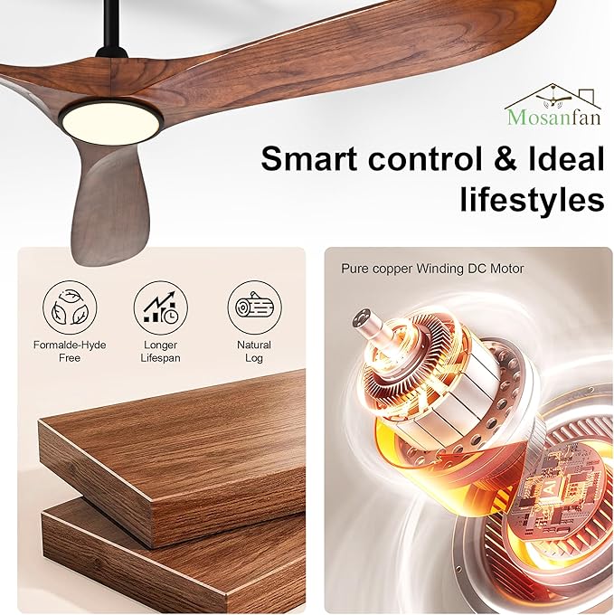 72 Inch Ceiling Fans with Lights and Remote, Wood Outdoor Ceiling Fan with 6 Speed Noiseless DC Motor, Indoor Modern 3 Blade Propeller Ceiling Fan for Bedroom Living Room Gazebo Patio(Walnut)
