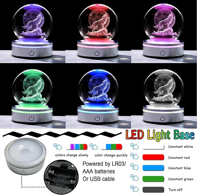 Arikyrist Crystal 3D Wolf 3.15in Ball Figurine Gifts for Men, Collectible Glass Animal Art Sphere for Room with LED Light Base Keepsakes for Wolves Lovers Home Decor Paperweight