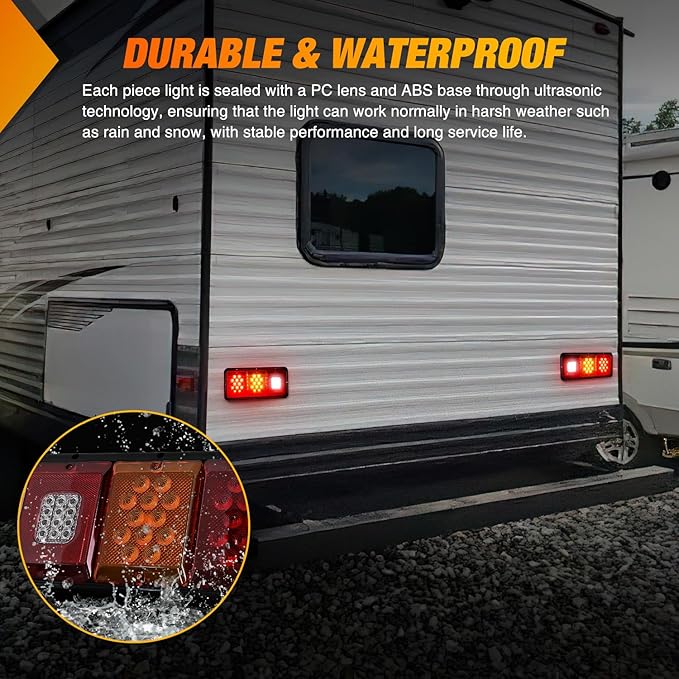 Nilight LED Triple Tail Light 2PCS Rectangle Red Amber Stop Brake Turn Signals White Reverse Back Up Lights Surface Mount Waterproof Trailer Camper Van RV Caravan Taillights