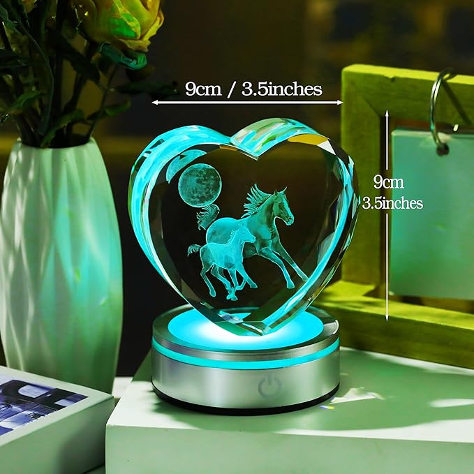 Qianwei Horse Gifts for Women 3D Crystal Heart - Laser Horse Decor Glass Animals Animal Gifts Figurines Statue Stuff for Room Decorations Night Light