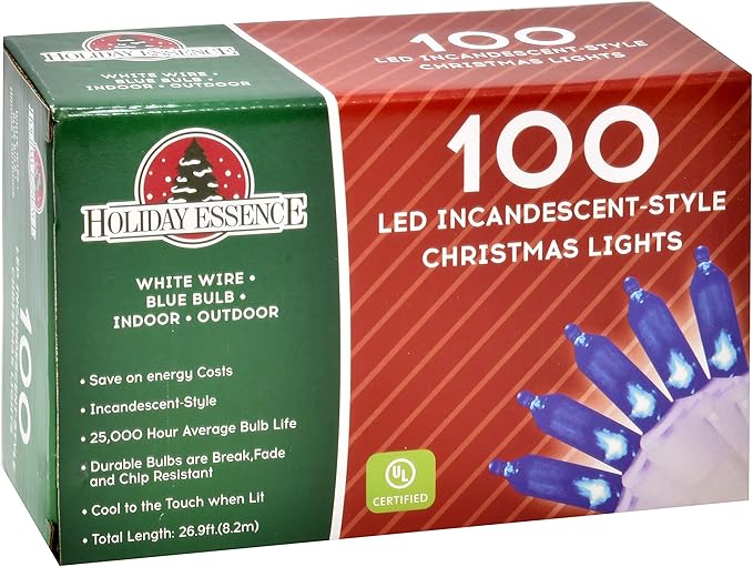 Holiday Essence - Blue LED Christmas String Lights, 100 Count Wire 26.9 Ft Incandescent Patriotic Memorial 4th July Traditional Light Set for Indoor & Outdoor Home Décor, Wedding Lighting Decoration
