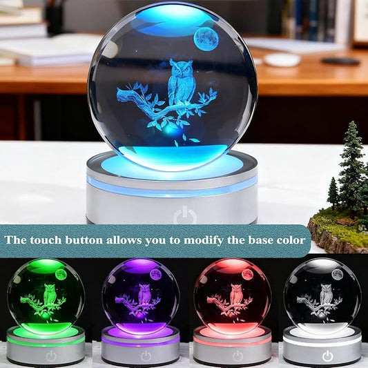 Owl Gifts, 3D 3.15 Inch (80mm) Crystal Ball Owl Lamp with Battery Powered, RGB Color Light for Birthday Xmas Cool Upgraded Owl Figurines Gifts for Room Decor Boys Girls