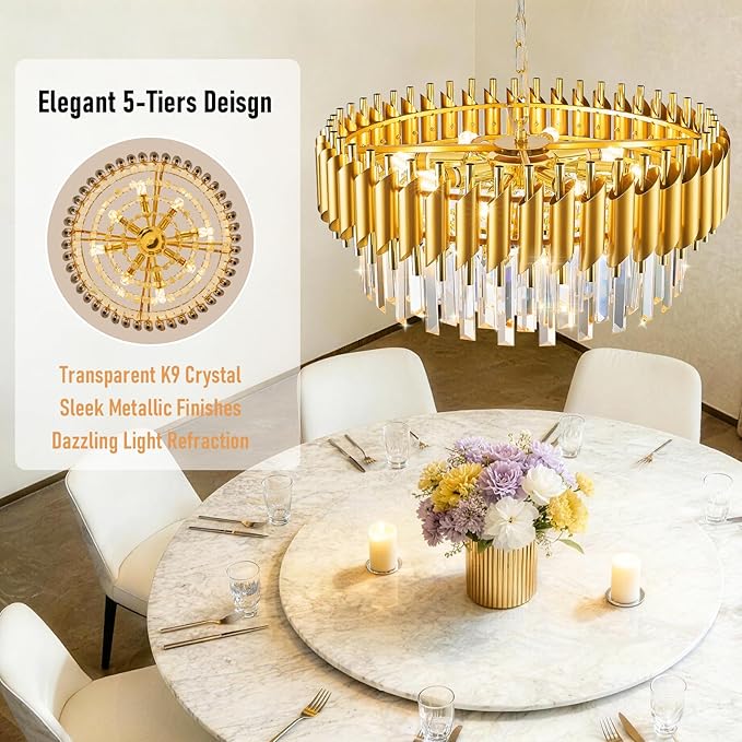 24" Gold Crystal Chandeliers for Dining Room Contemporary Round Ceiling Pendant Light Fixtures 5-Tier 8 Lights K9 Crystal Large Flush Mount Chandelier for Foyer Living Room Staircase