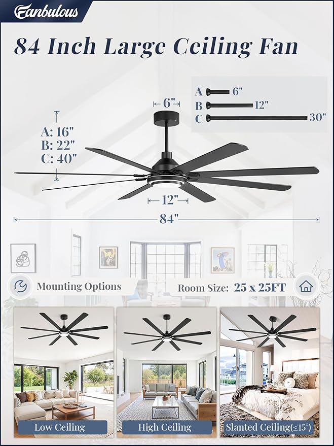 Fanbulous 84 Inch Ceiling Fans with Lights and Remote, Black Ceiling Fan with 8 Dual-Color Blades, Indoor/Outdoor Large Ceiling Fans, Reversible DC Motor, 6-Speed, 3CCT for Living Room Kitchen Patio