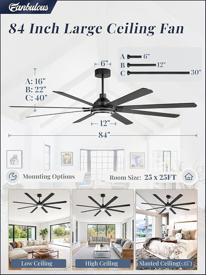 Fanbulous 84 Inch Ceiling Fans with Lights and Remote, Black Ceiling Fan with 8 Dual-Color Blades, Indoor/Outdoor Large Ceiling Fans, Reversible DC Motor, 6-Speed, 3CCT for Living Room Kitchen Patio