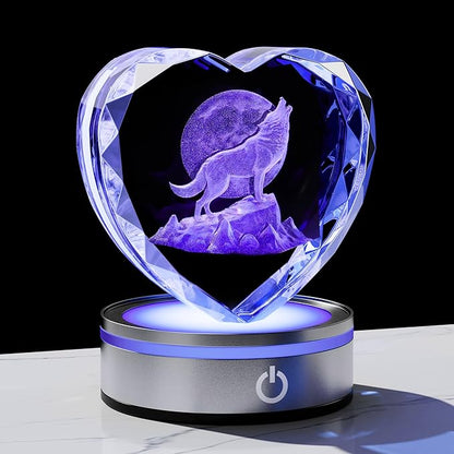 Qianwei Wolf Gifts for Women 3D Crystal Heart - Laser Moon Decor Glass Animals Wolf Gifts Figurines Statue Stuff for Room Decorations Moon Night Light