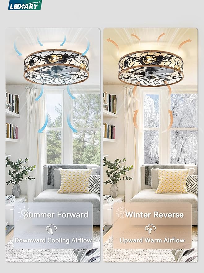 LEDIARY 23 Inch Caged Ceiling Fans with Lights, Farmhouse Flush Mount Ceiling Fan with Remote, Large Low Profile Ceiling Fan Light Fixture for Bedroom, Kitchen, Dining Room
